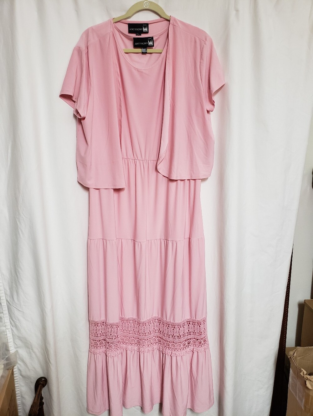 Antthony Blush Pink Tiered Maxi Dress with Crochet Panel & Matching Jacket